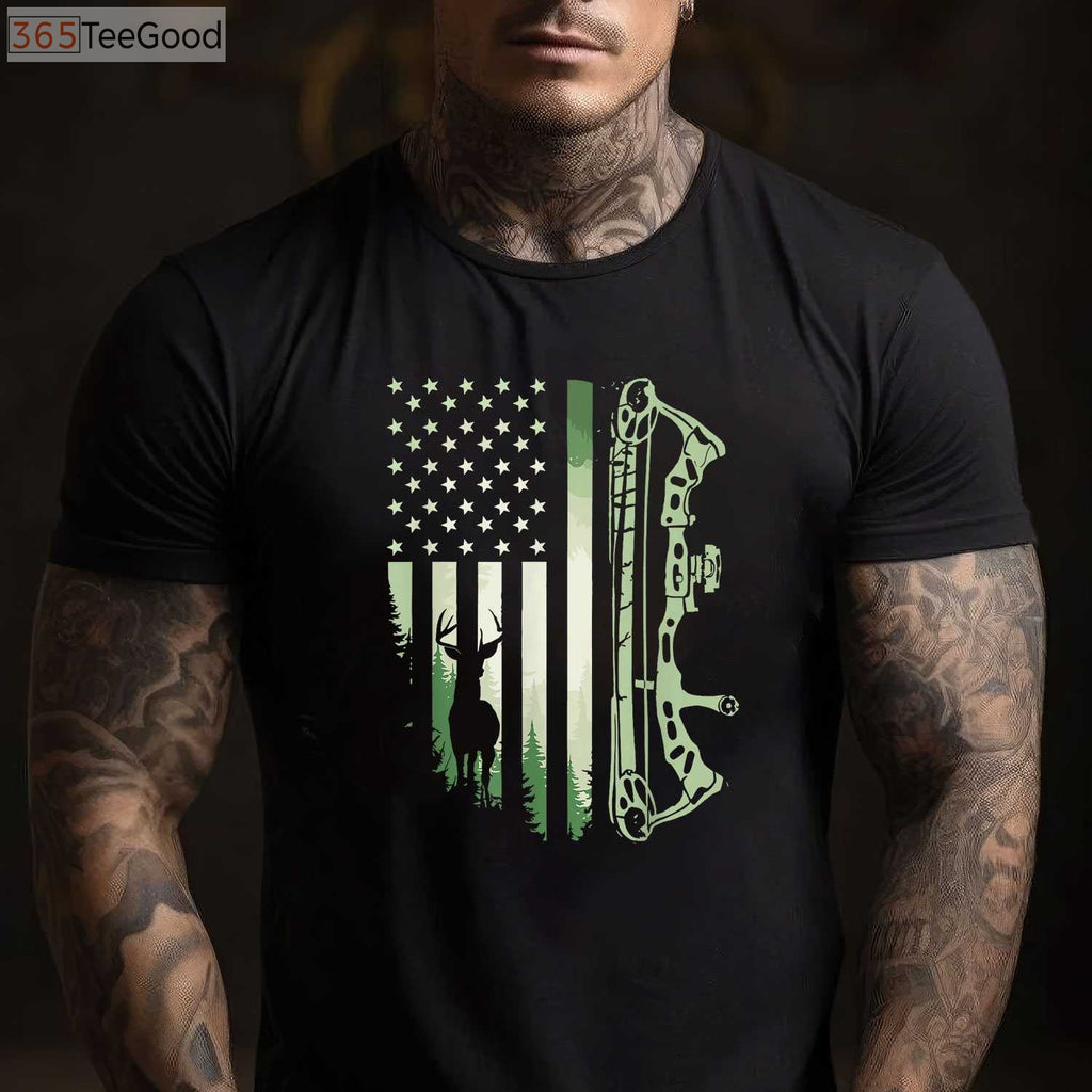 Patriotic American Flag Bowhunting Shirt, USA Archery and Deer Hunting Tee