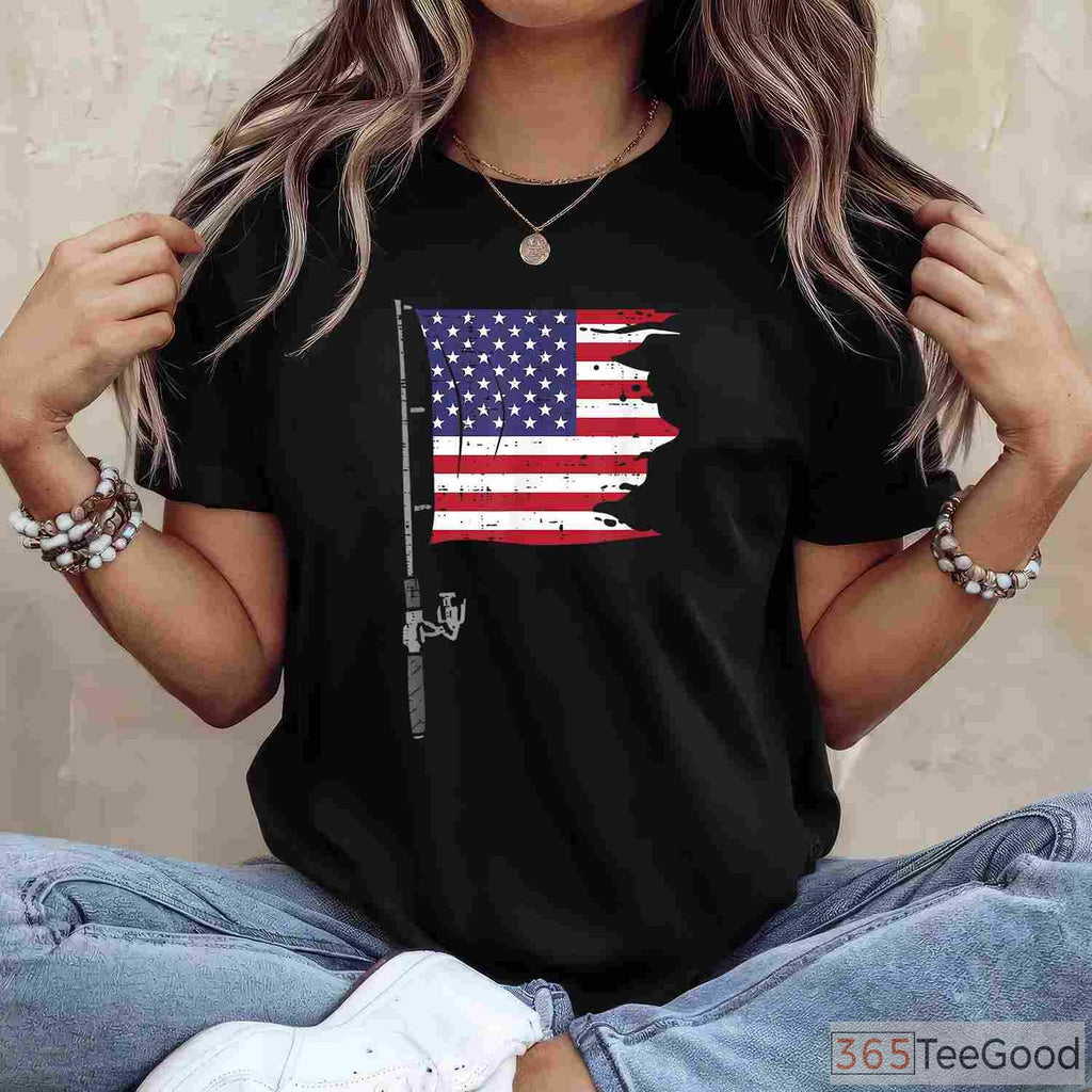 Patriotic 4th of July Fishing Rod American Flag Shirt - Men's Summer Angler Tee
