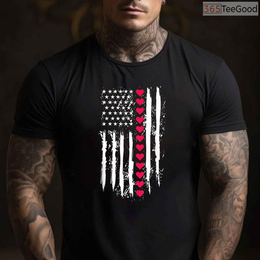 Patriotic US American Flag Heart T-Shirt, USA Pride Red White Blue Valentine Shirt for Country Lover