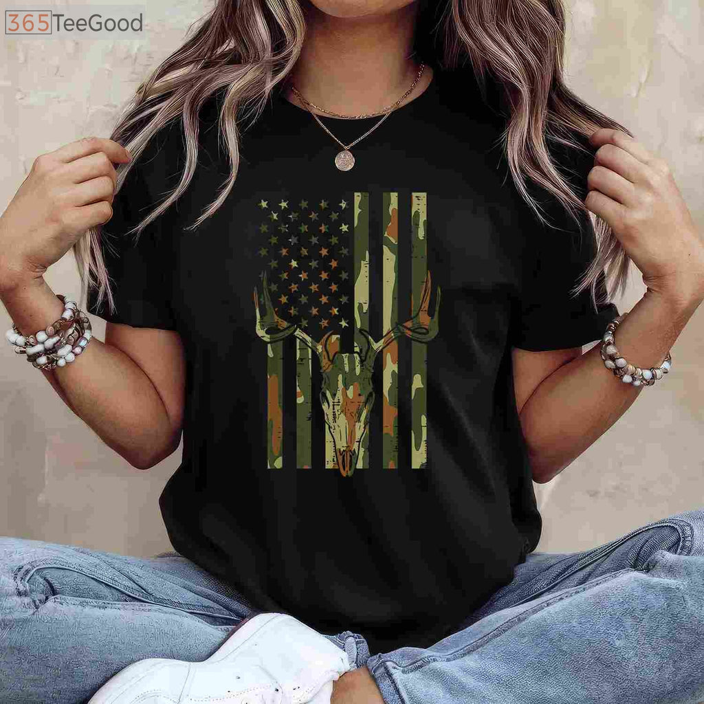 Patriotic US Flag Deer Skull Vintage Hunting Shirt, Best Camo Dad Gift