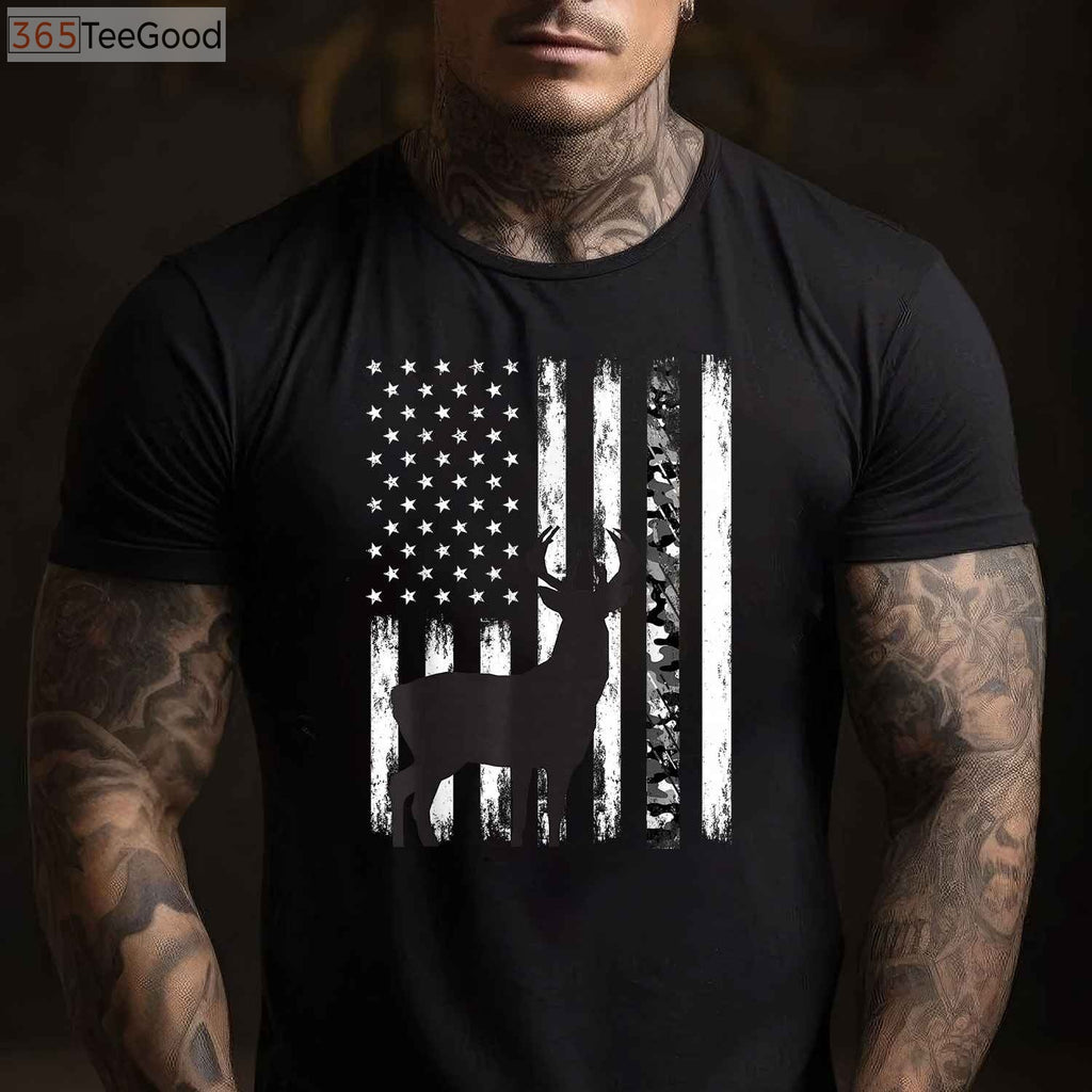 Patriotic Deer Hunting Graphic Tee, USA American Flag Camo Hunter Shirt