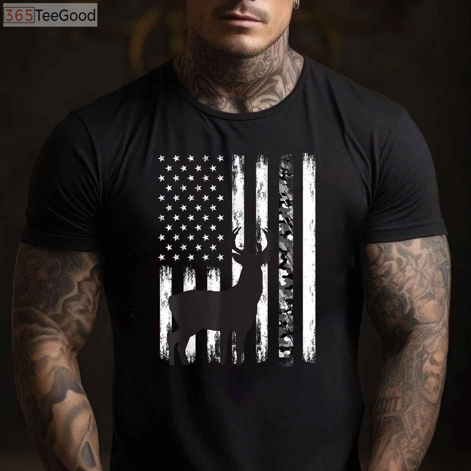 Patriotic Deer Hunting Graphic Tee, USA American Flag Camo Hunter Shirt