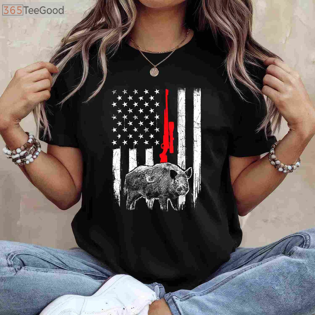 Patriotic Boar Hunting Shirt, American USA Flag Wild Hog Hunter Apparel