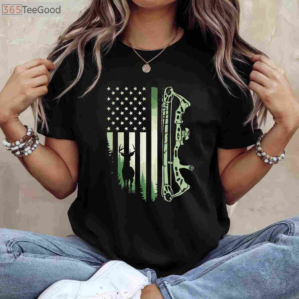 Patriotic American Flag Bowhunting Shirt, USA Archery and Deer Hunting Tee