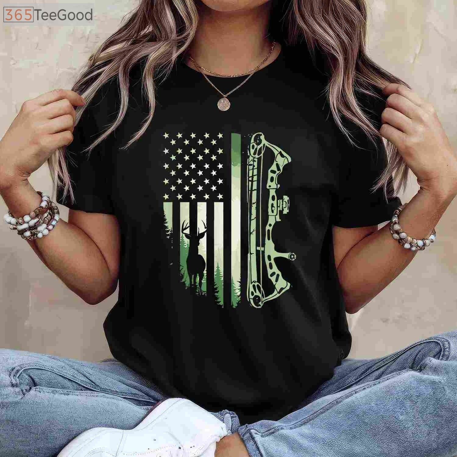 Patriotic American Flag Bowhunting Shirt, USA Archery and Deer Hunting Tee