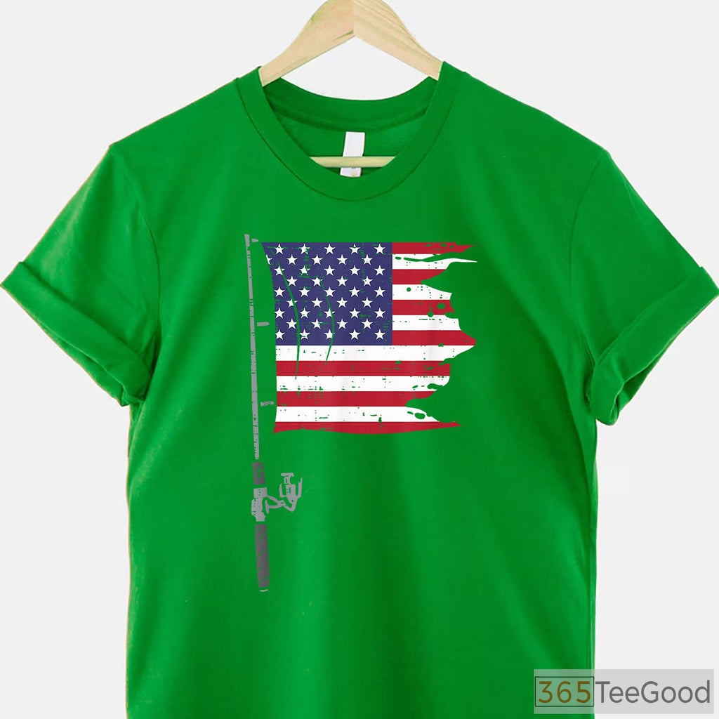 Patriotic 4th of July Fishing Rod American Flag Shirt - Men's Summer Angler Tee