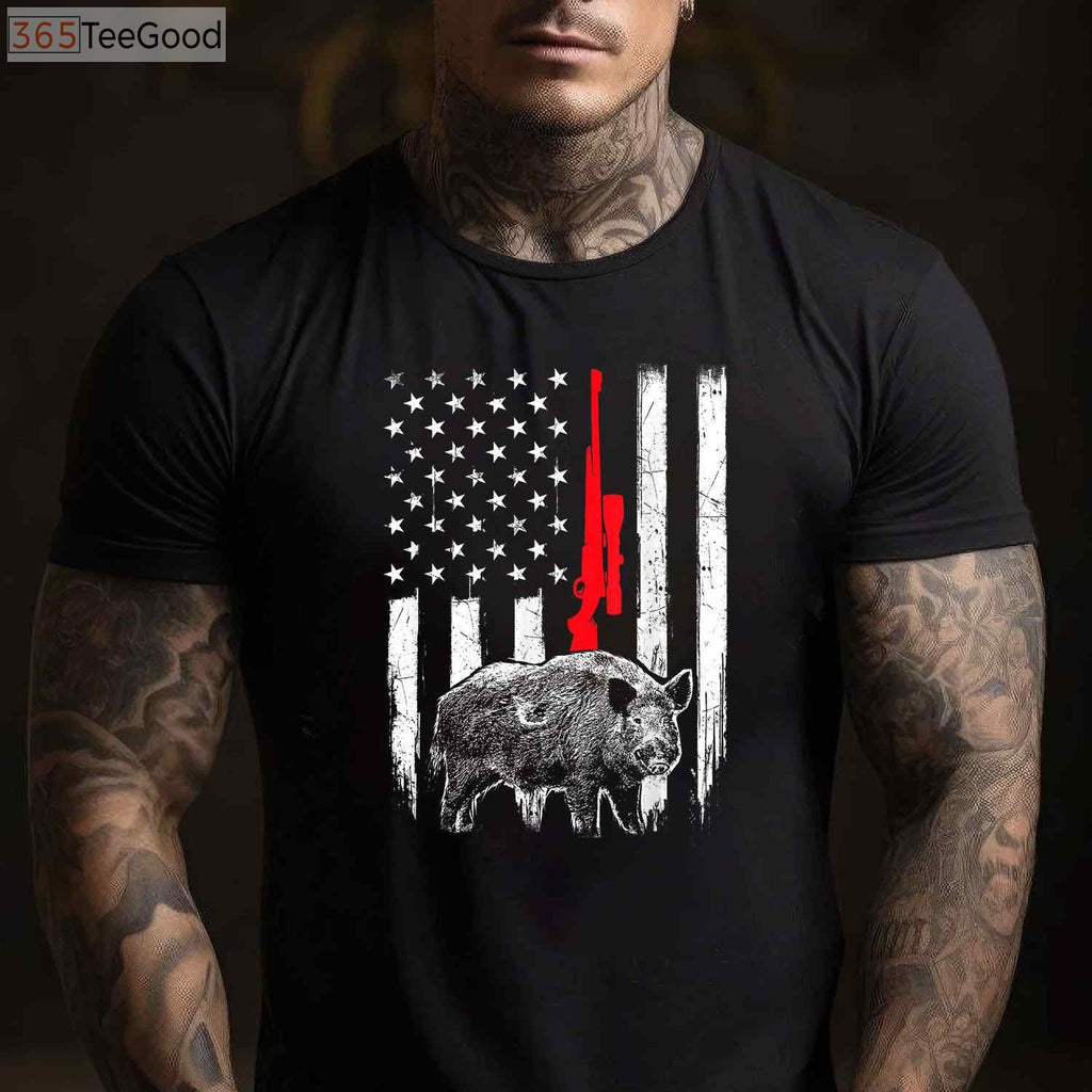 Patriotic Boar Hunting Shirt, American USA Flag Wild Hog Hunter Apparel
