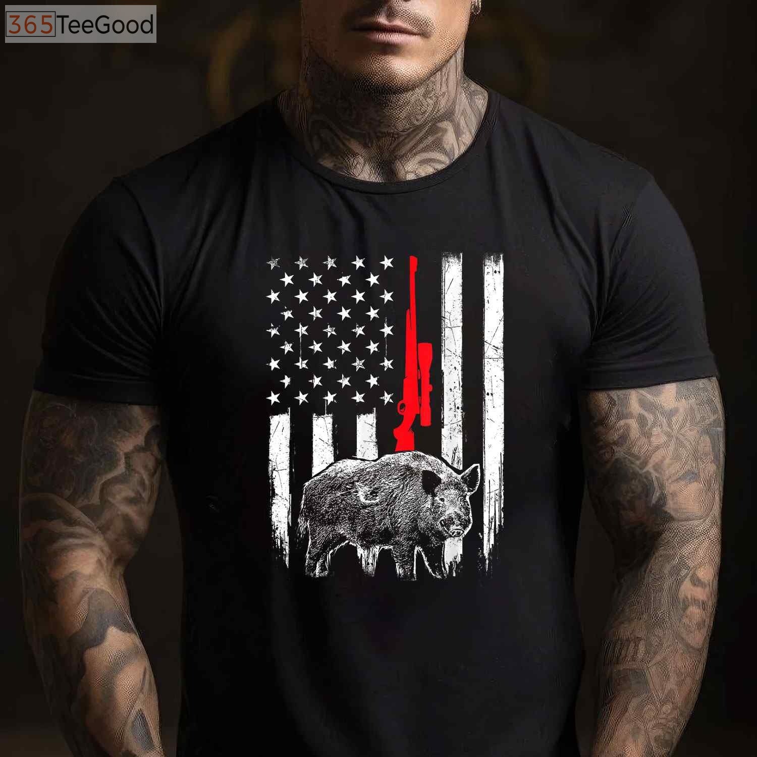 Patriotic Boar Hunting Shirt, American USA Flag Wild Hog Hunter Apparel