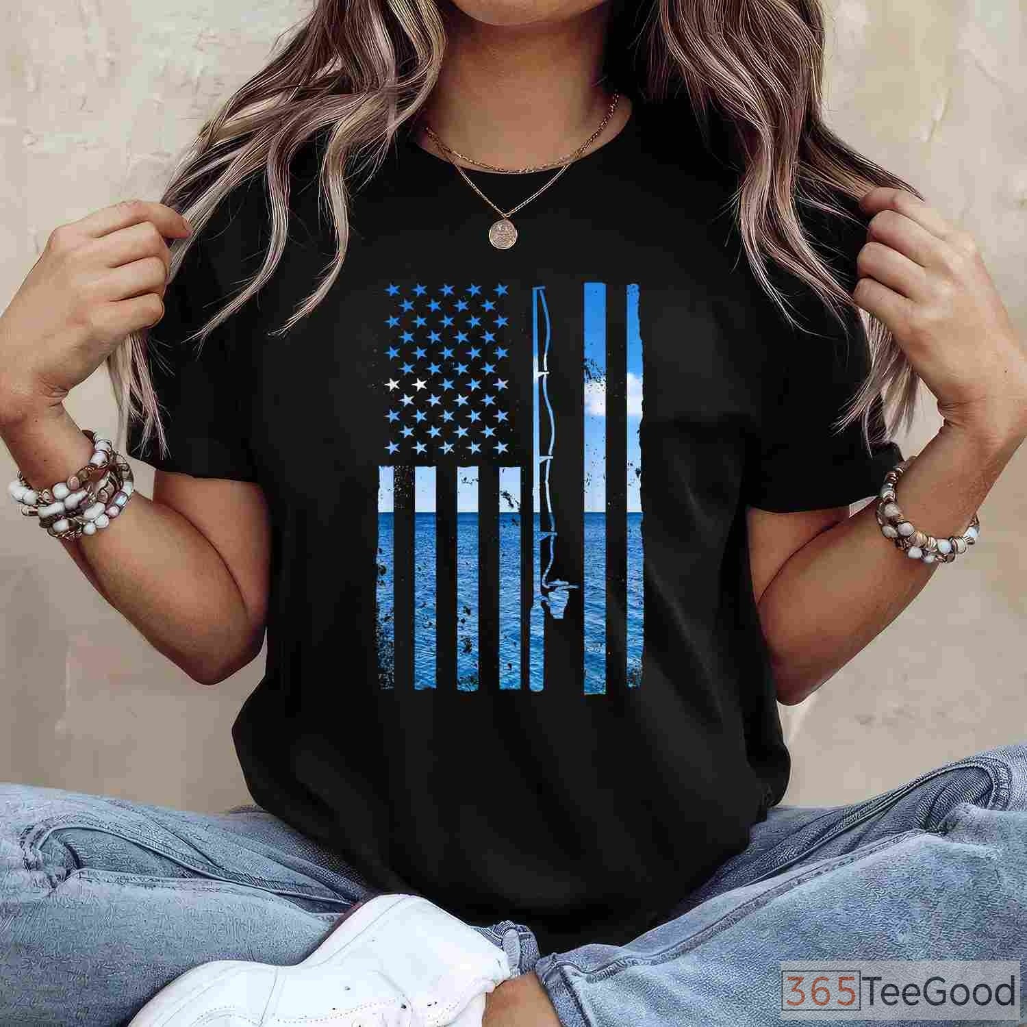Patriotic USA American Flag Fishing Shirt - Retro Bass Angler Graphic Tee