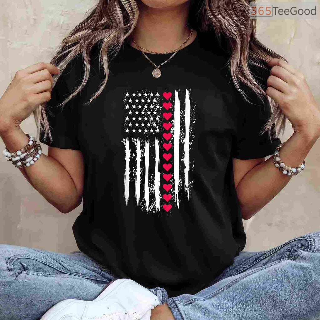 Patriotic US American Flag Heart T-Shirt, USA Pride Red White Blue Valentine Shirt for Country Lover
