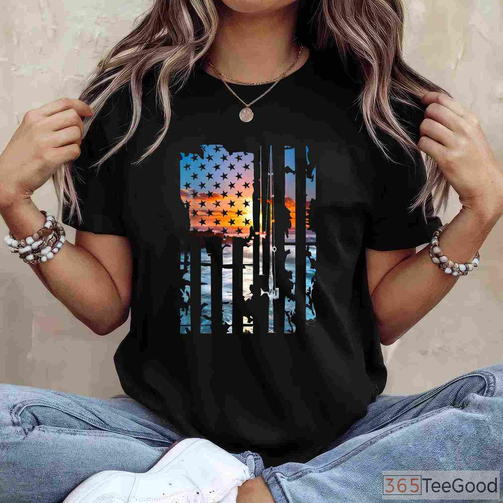 Patriotic US Flag American Fishing Shirt, Vintage USA Fisherman Graphic Tee