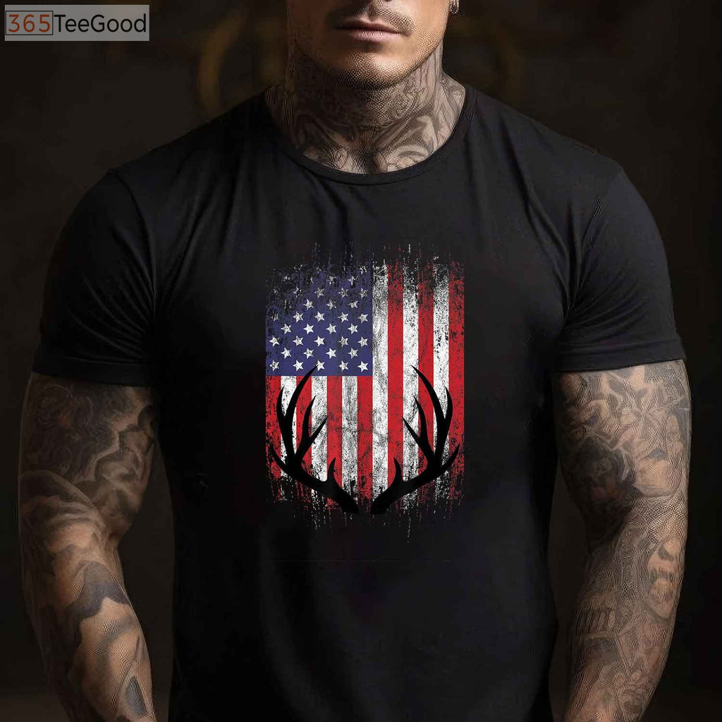 Patriotic Whitetail Deer Hunting Shirt, American Flag Buck Antlers Graphic