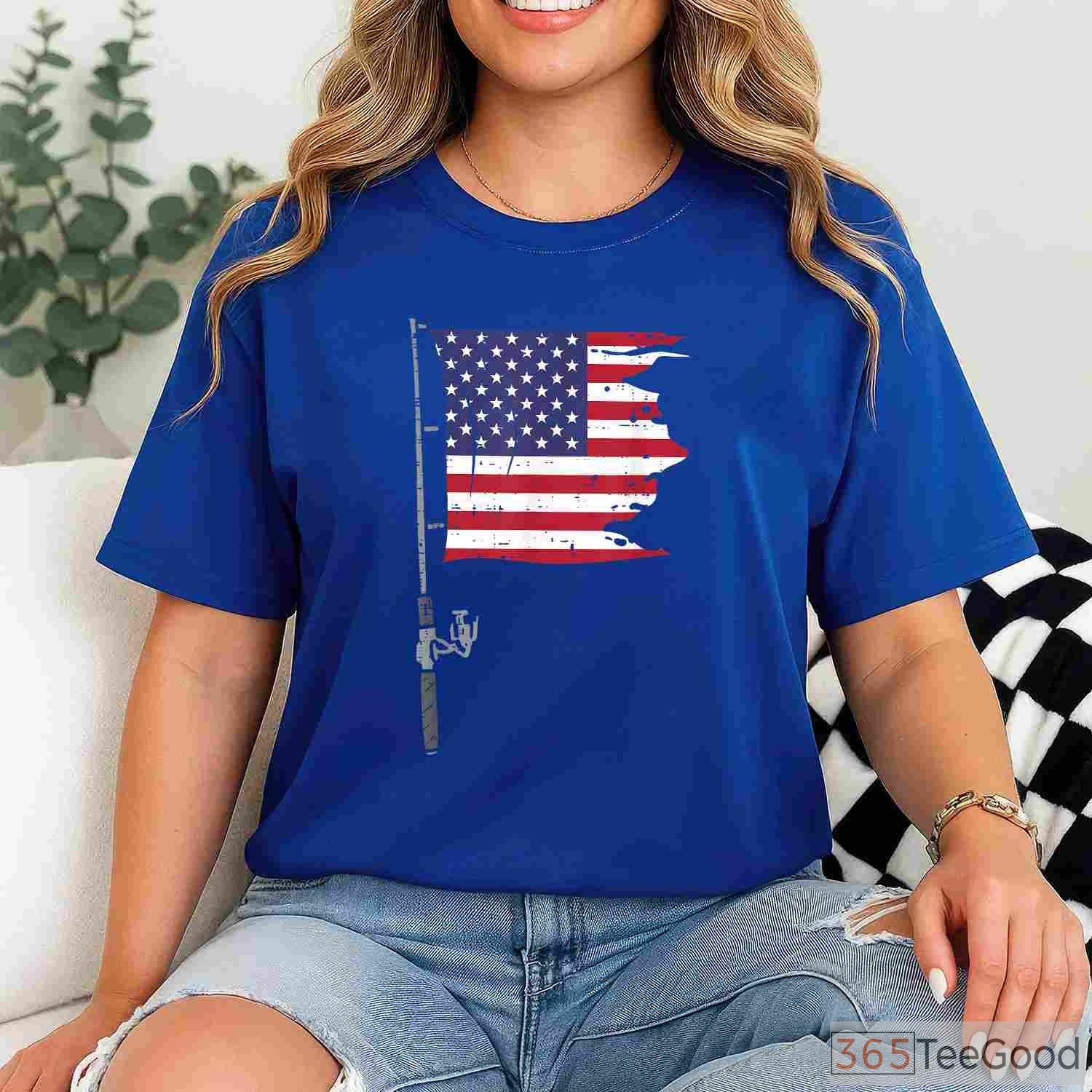 Patriotic 4th of July Fishing Rod American Flag Shirt - Men's Summer Angler Tee