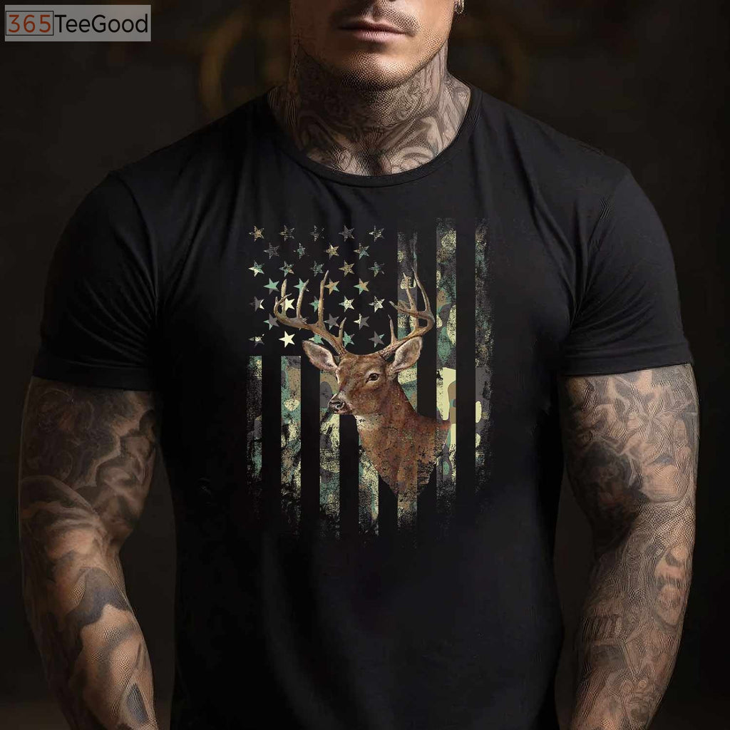 Patriotic American Flag Deer Hunting Camo Tee, Military Style Hunter Shirt