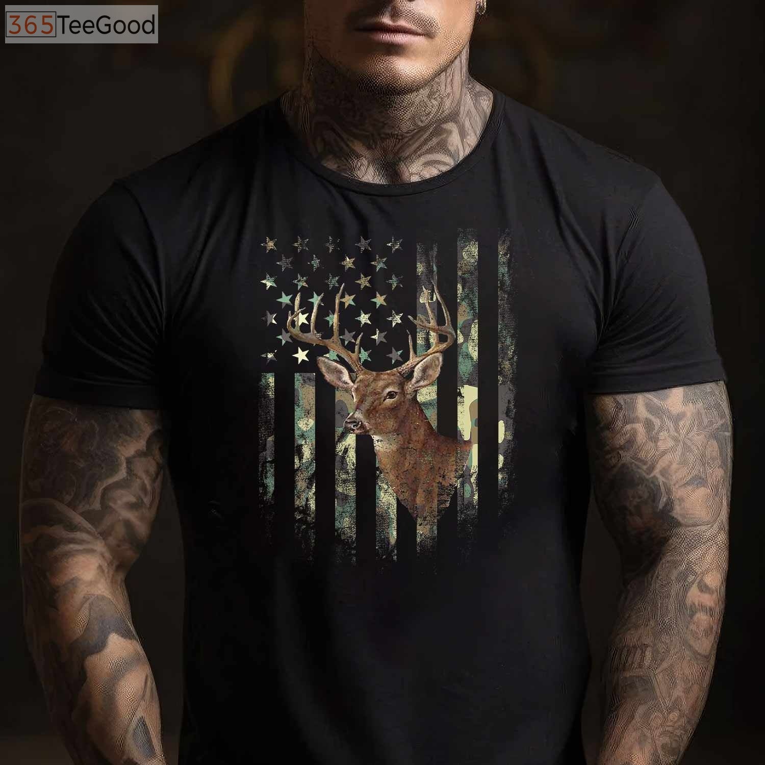 Patriotic American Flag Deer Hunting Camo Tee, Military Style Hunter Shirt