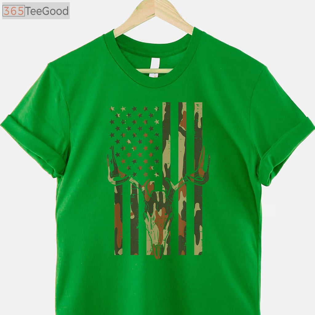 Patriotic US Flag Deer Skull Vintage Hunting Shirt, Best Camo Dad Gift