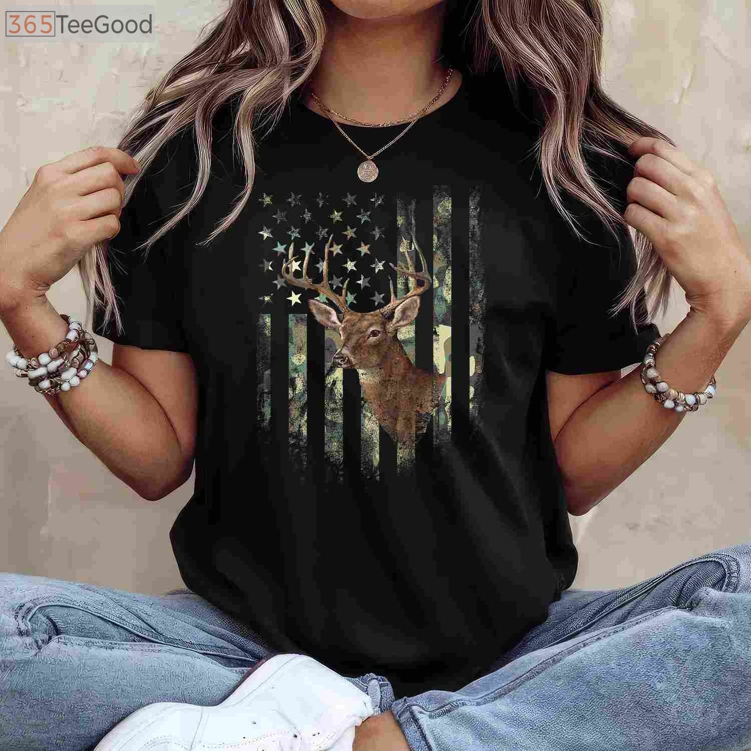 Patriotic American Flag Deer Hunting Camo Tee, Military Style Hunter Shirt