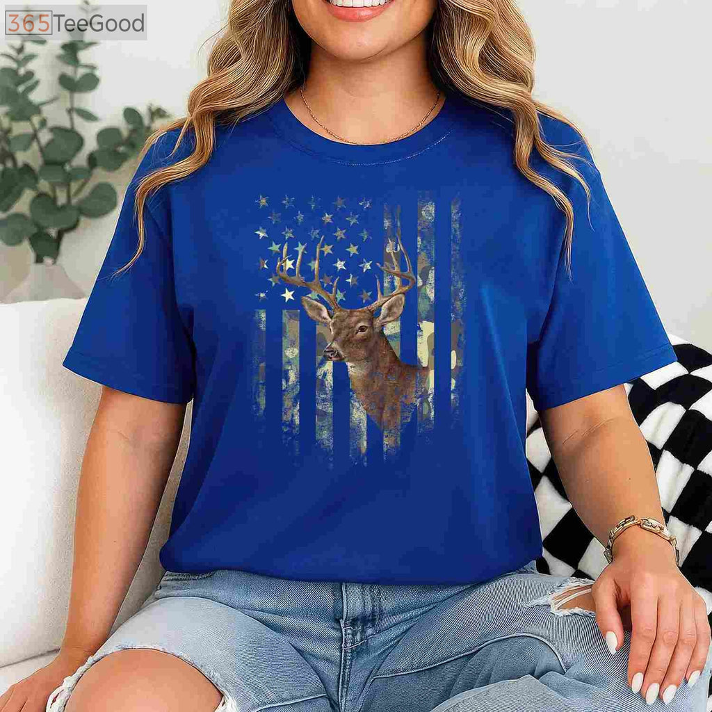 Patriotic American Flag Deer Hunting Camo Tee, Military Style Hunter Shirt