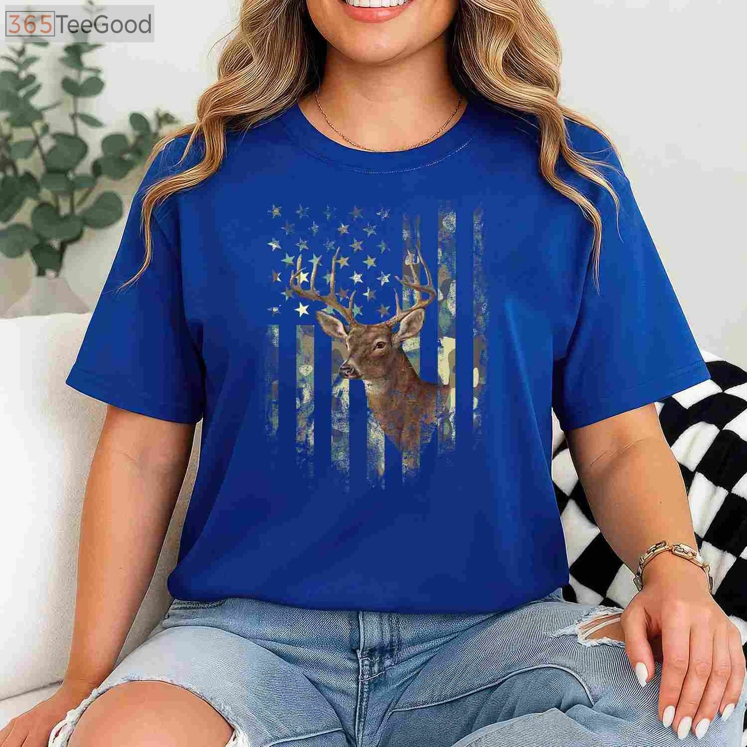 Patriotic American Flag Deer Hunting Camo Tee, Military Style Hunter Shirt
