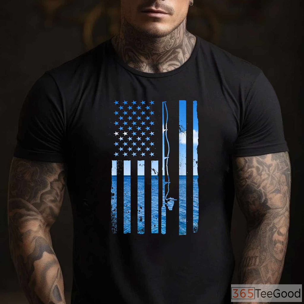 Patriotic USA American Flag Fishing Shirt - Retro Bass Angler Graphic Tee