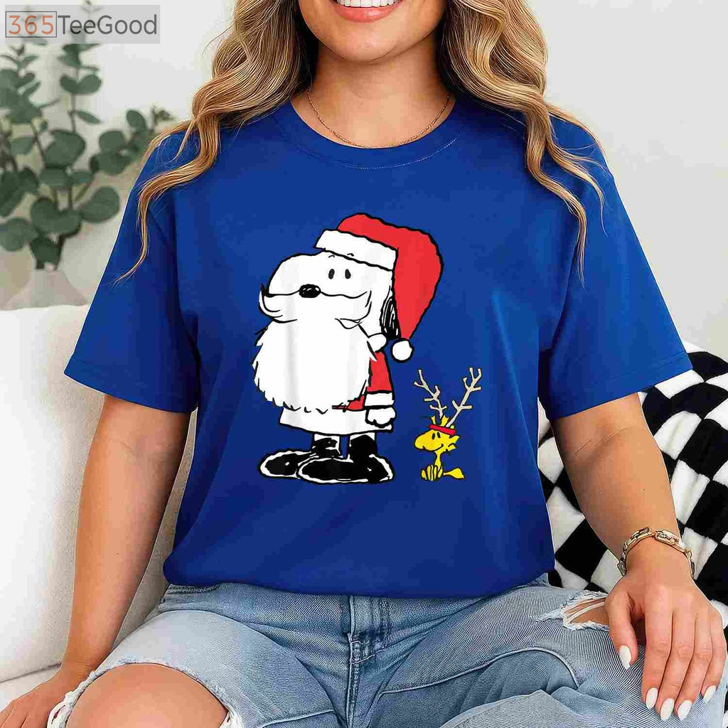 Peanuts Holiday Snoopy Woodstock Antlers T-Shirt - Cute Christmas Santa Tee