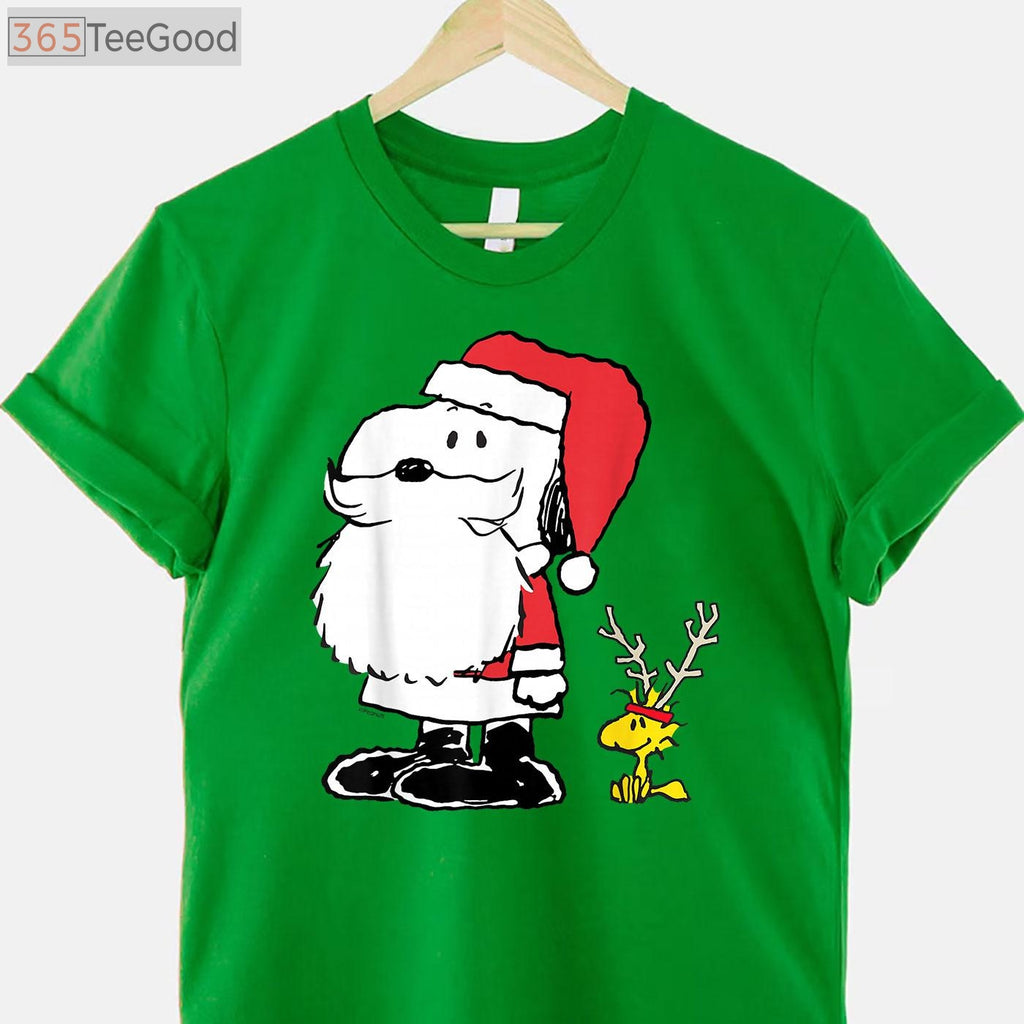 Peanuts Holiday Snoopy Woodstock Antlers T-Shirt - Cute Christmas Santa Tee