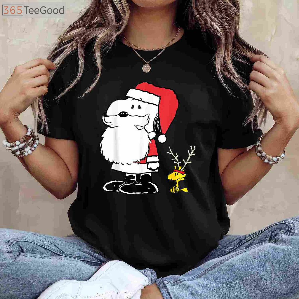 Peanuts Holiday Snoopy Woodstock Antlers T-Shirt - Cute Christmas Santa Tee
