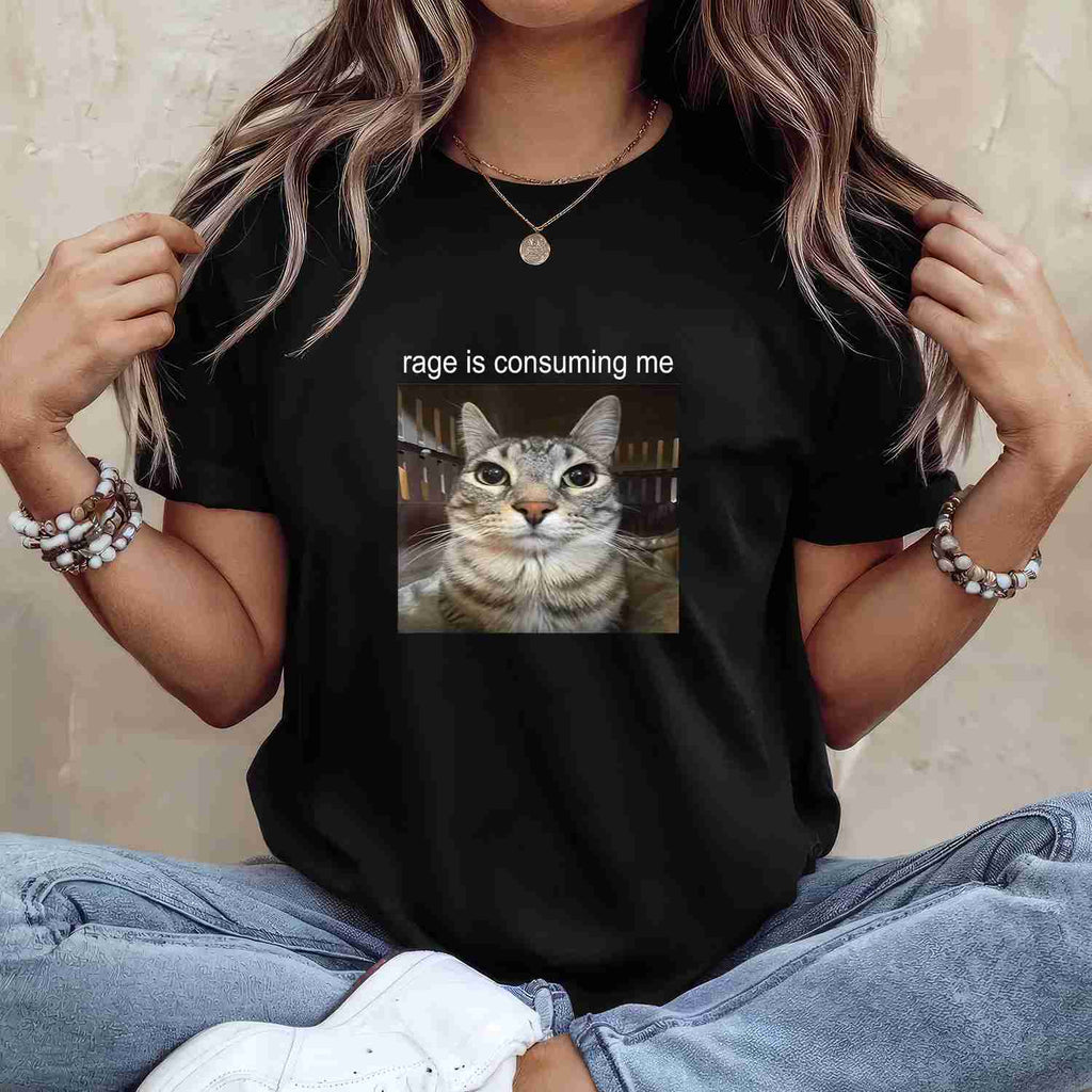 Rage Is Consuming Me Funny Cat Meme Tee Silly Staring Cat T-Shirt for Adults Unisex