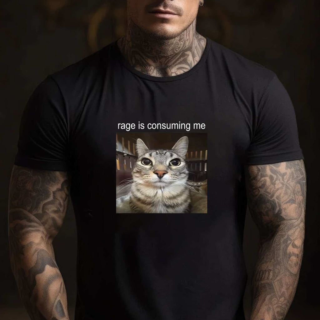 Rage Is Consuming Me Funny Cat Meme Tee Silly Staring Cat T-Shirt for Adults Unisex