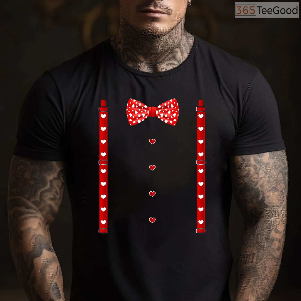 Red Hearts Bow Tie & Suspenders Faux Costume T-Shirt, Funny Valentine's Day Outfit Shirt for Boys
