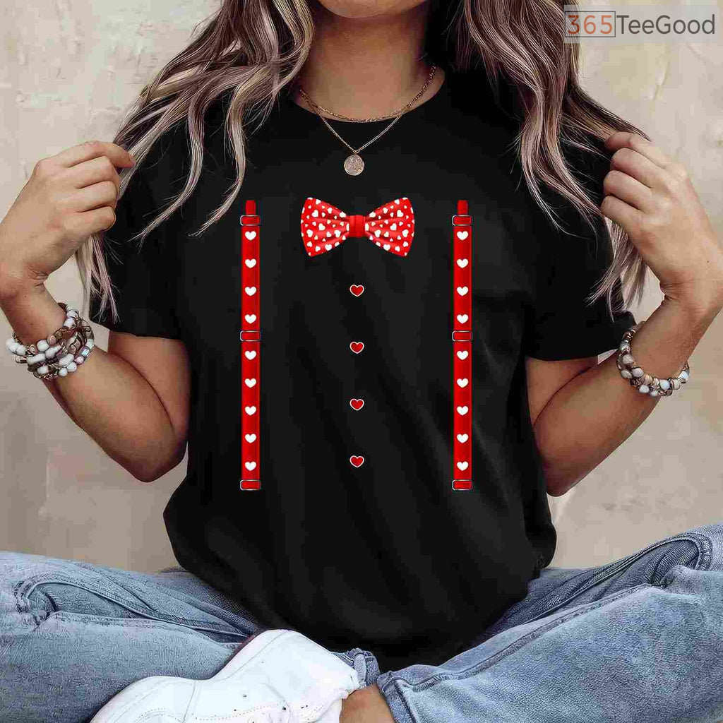 Red Hearts Bow Tie & Suspenders Faux Costume T-Shirt, Funny Valentine's Day Outfit Shirt for Boys