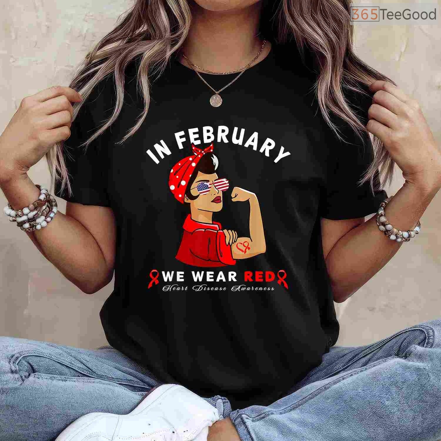 Red Sunglasses Heart Awareness Shirt – In February We Wear Red T-Shirt