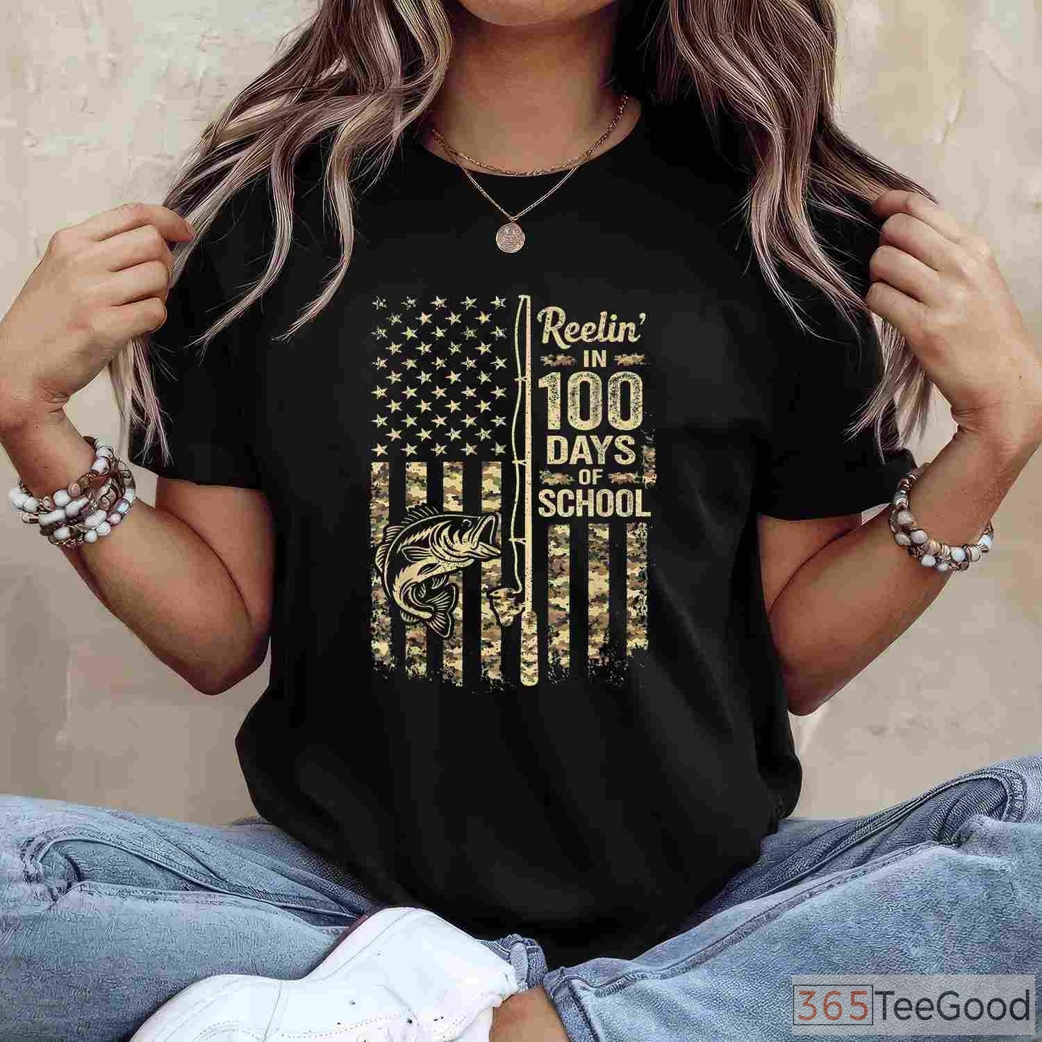 Reelin' in 100 Days of School Fishing Shirt, Fun Bass Fishing Youth Apparel