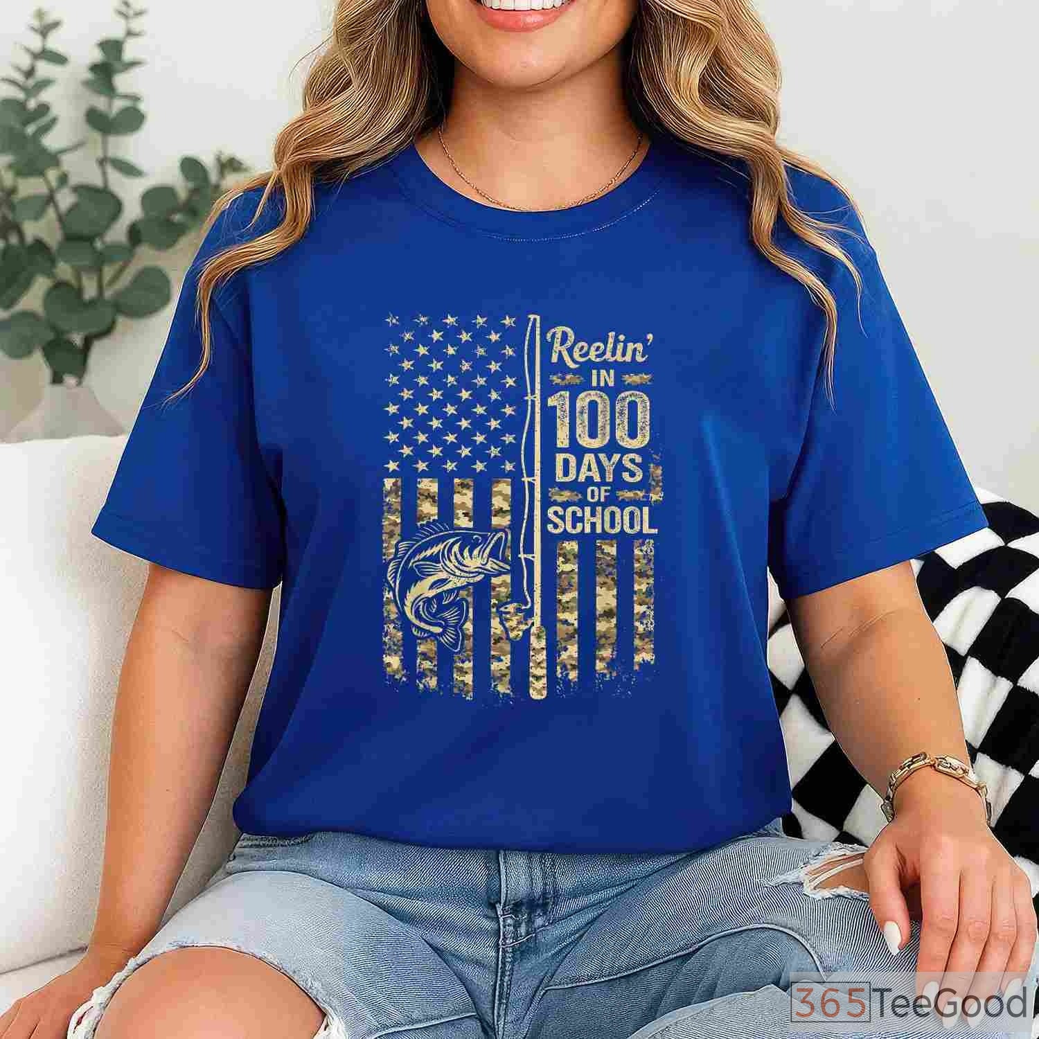 Reelin' in 100 Days of School Fishing Shirt, Fun Bass Fishing Youth Apparel