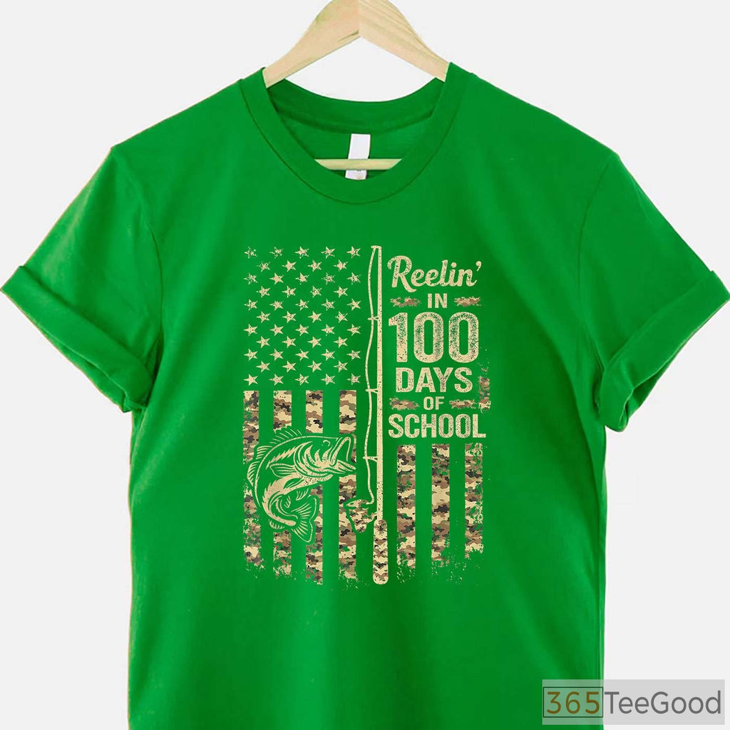 Reelin' in 100 Days of School Fishing Shirt, Fun Bass Fishing Youth Apparel