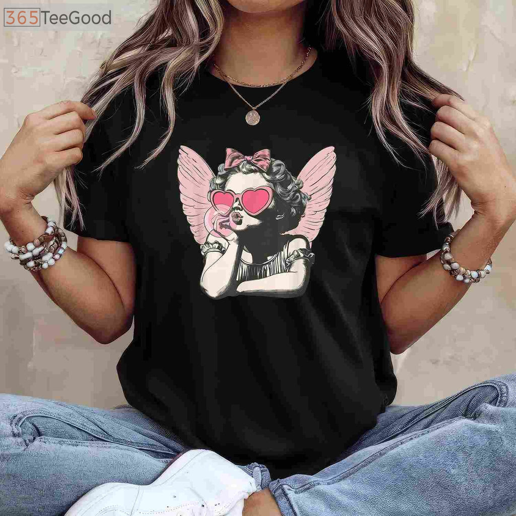 Retro Cupid Valentine’s Day T-Shirt - Vintage Cupid Blowing Bubble Gum Aesthetic