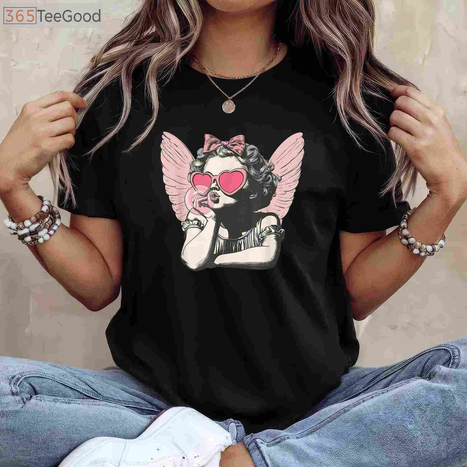 Retro Cupid Valentine’s Day T-Shirt - Vintage Cupid Blowing Bubble Gum Aesthetic