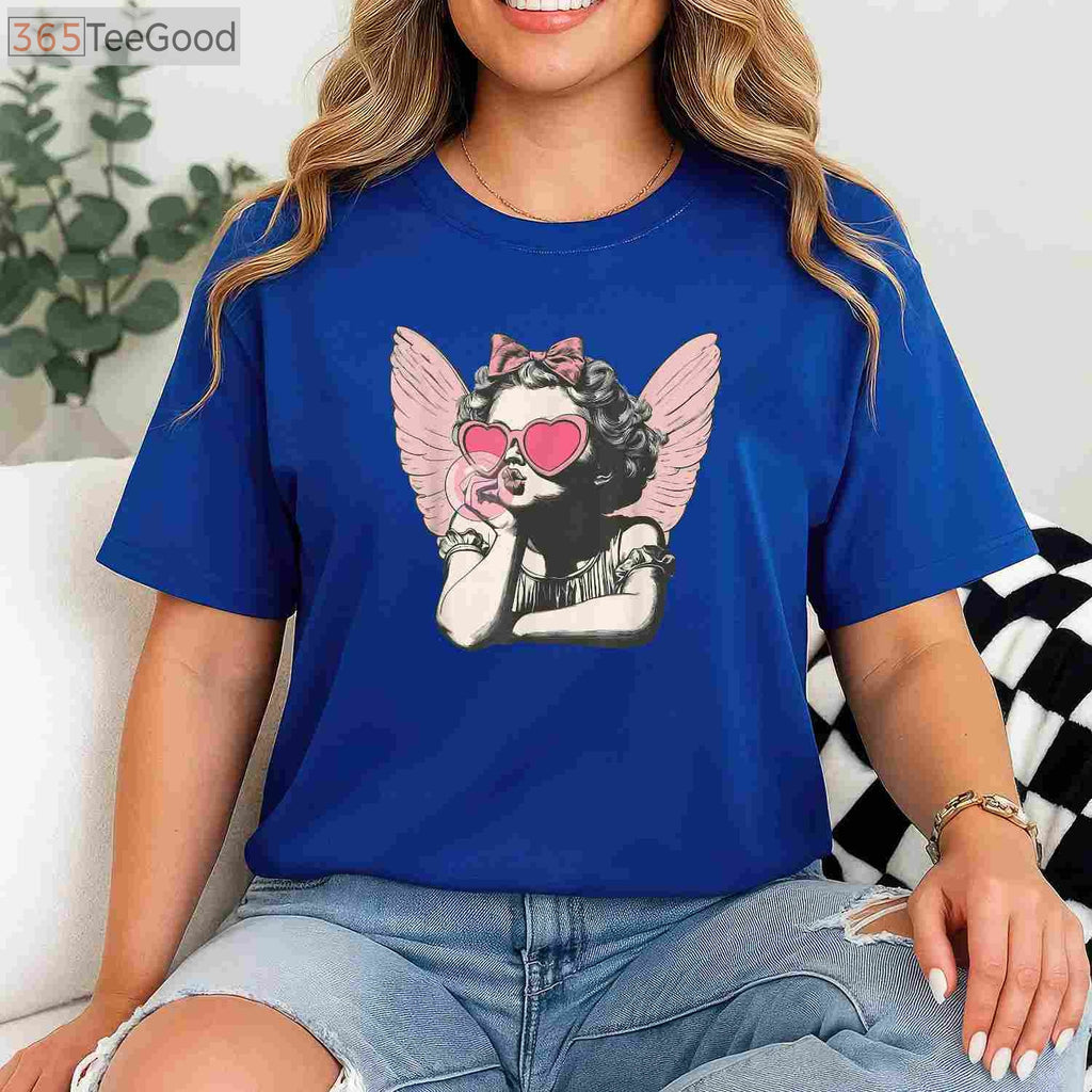 Retro Cupid Valentine’s Day T-Shirt - Vintage Cupid Blowing Bubble Gum Aesthetic
