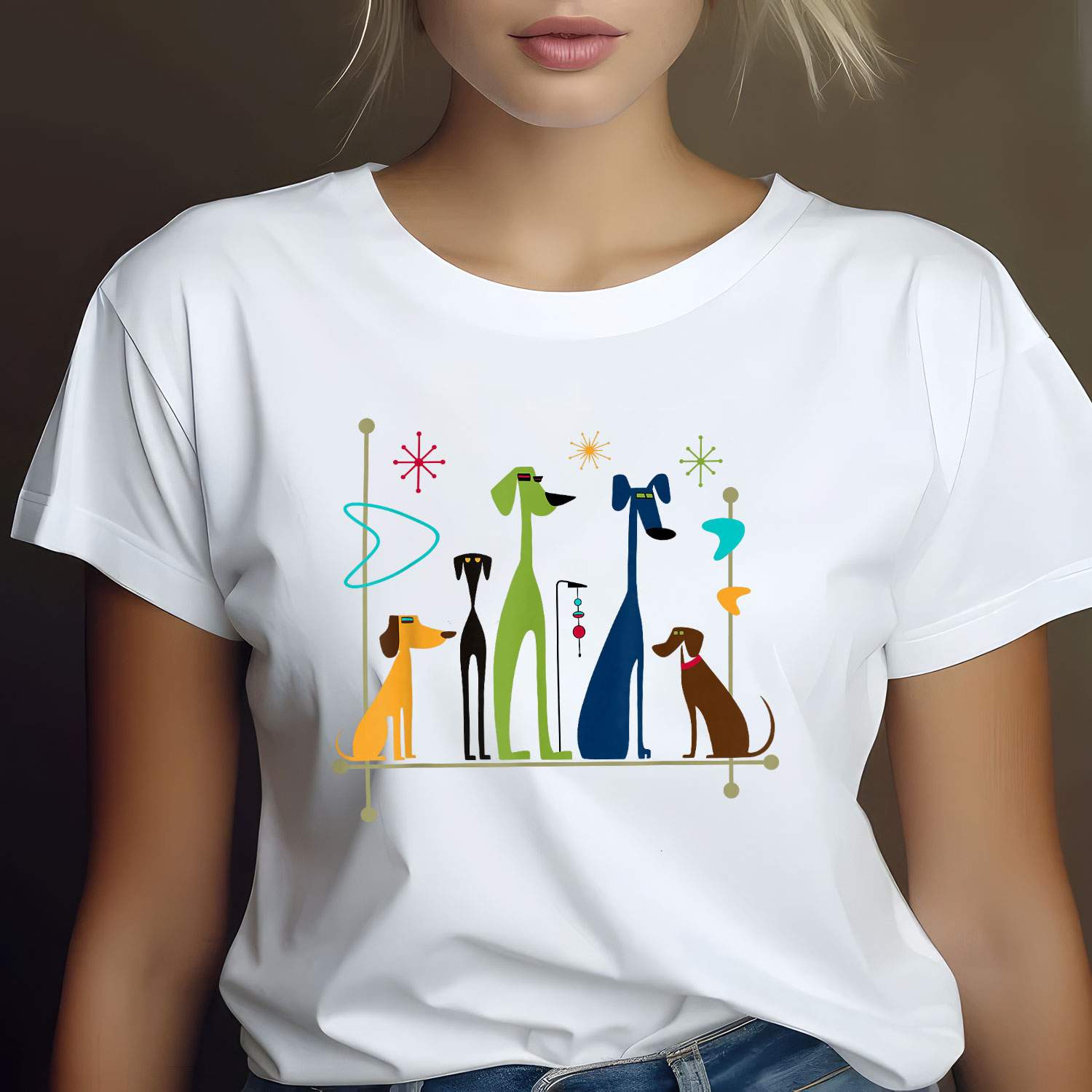 Retro Mid-Century Modern Dogs Tee 50s 60s Vintage Art Style T-Shirt for Men Women Unisex Adults