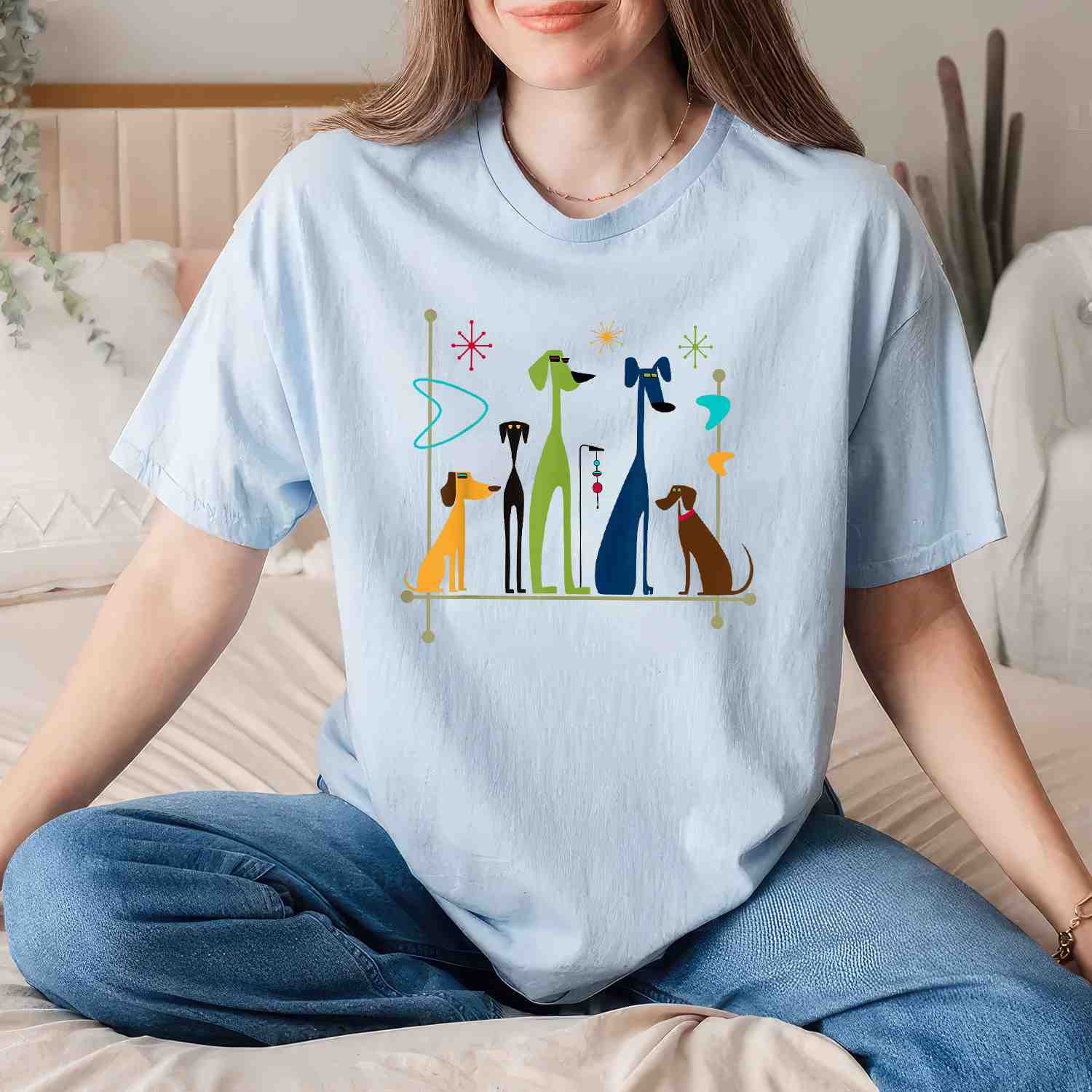 Retro Mid-Century Modern Dogs Tee 50s 60s Vintage Art Style T-Shirt for Men Women Unisex Adults