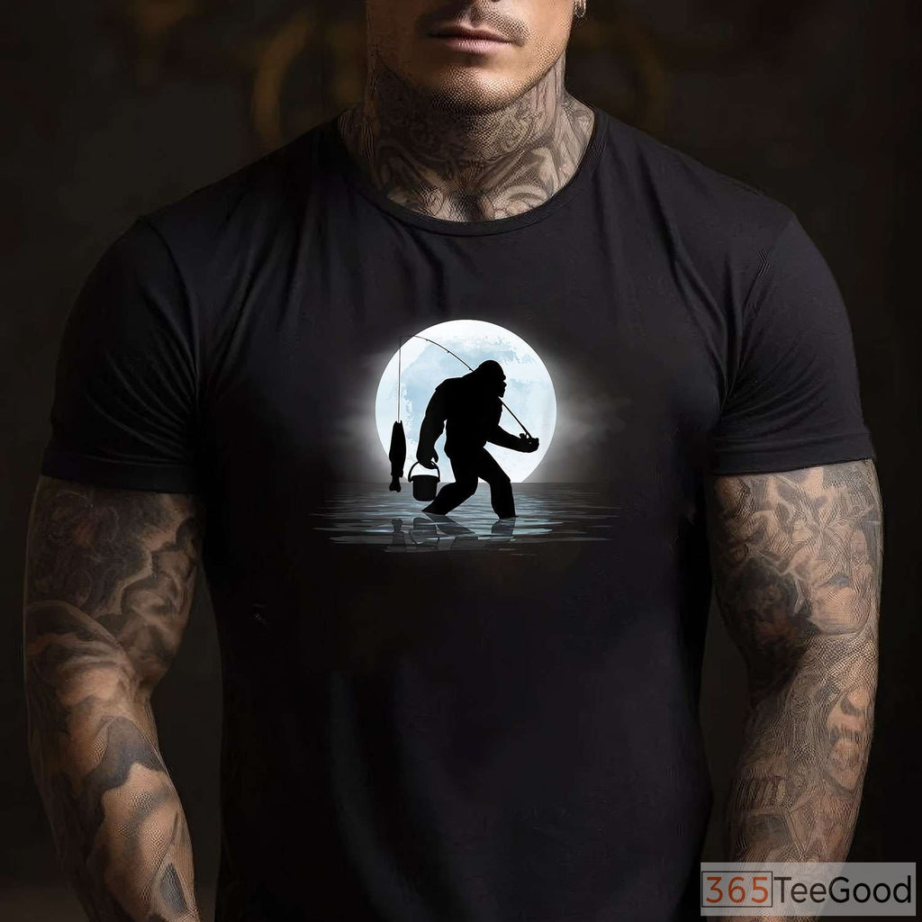 Sasquatch Night Fishing T-Shirt, Funny Bigfoot Lake Life Apparel for Adults