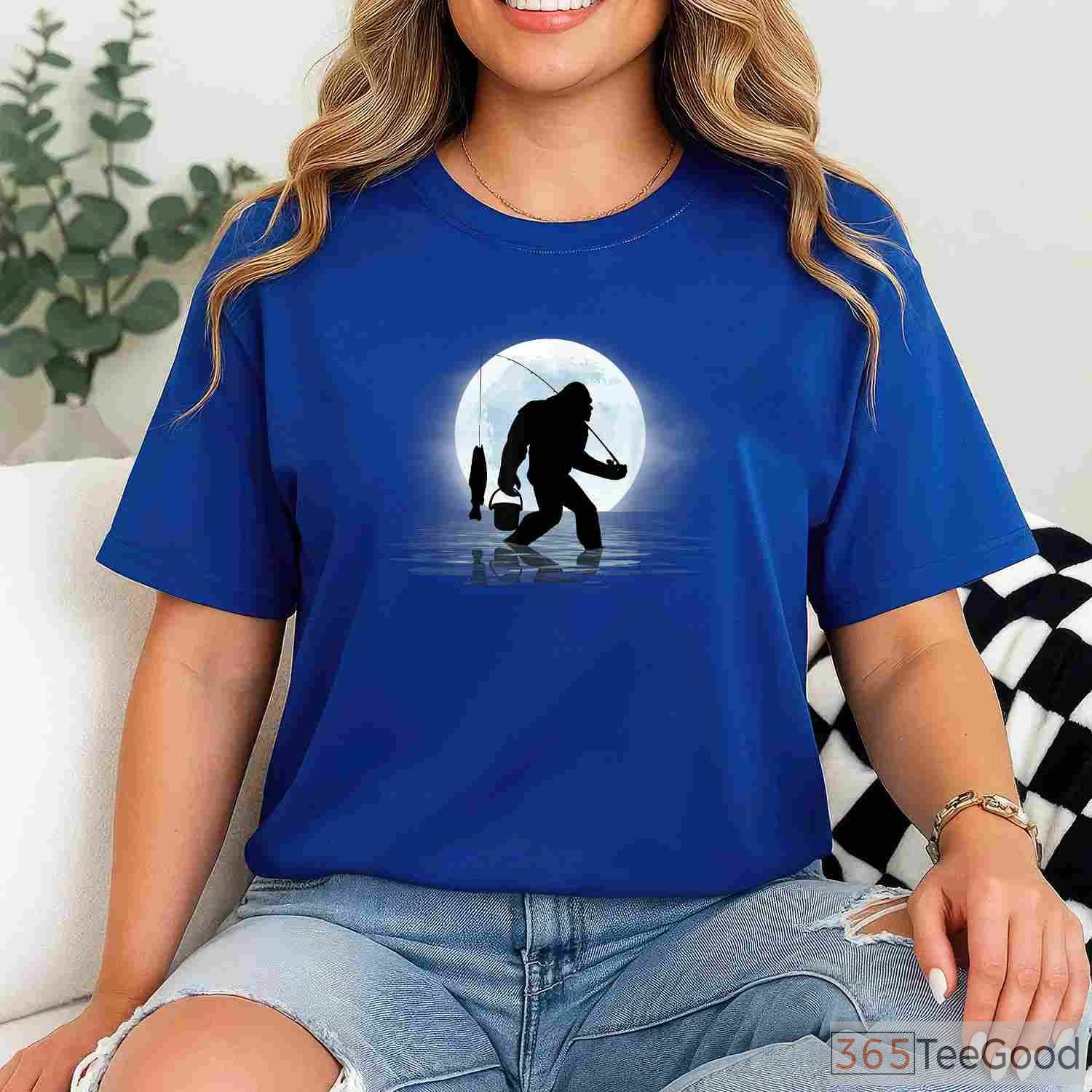 Sasquatch Night Fishing T-Shirt, Funny Bigfoot Lake Life Apparel for Adults