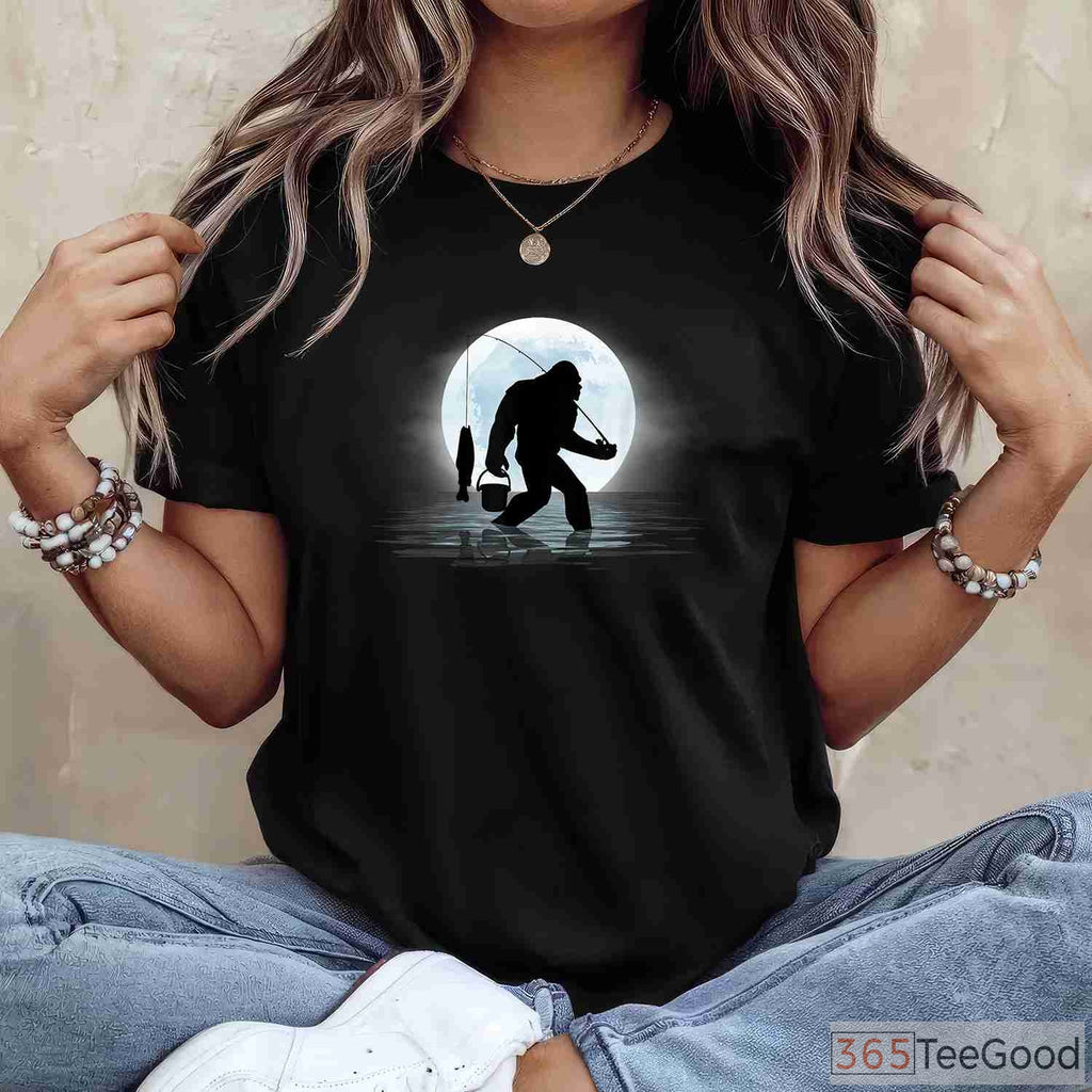 Sasquatch Night Fishing T-Shirt, Funny Bigfoot Lake Life Apparel for Adults