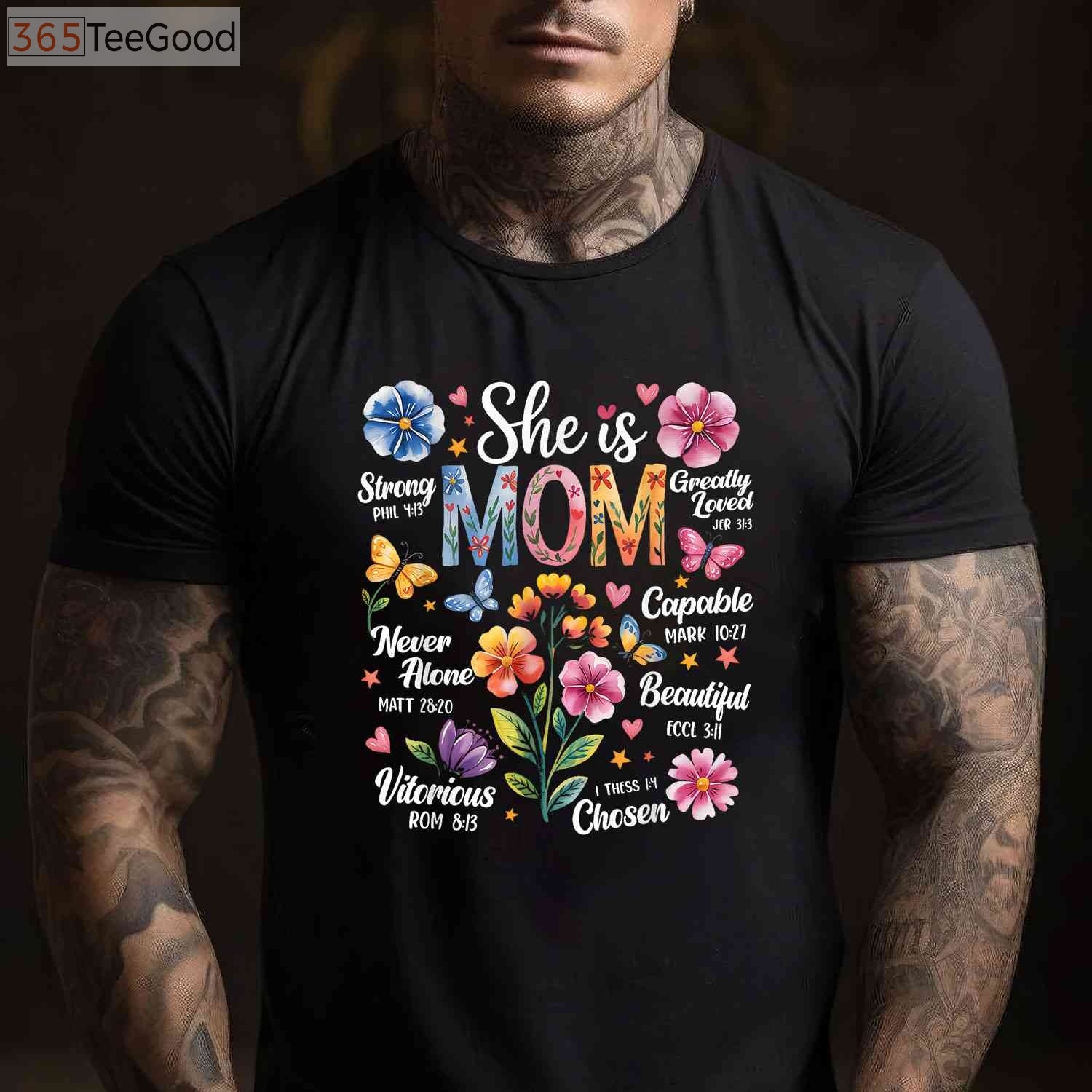 She Is Mom Bible Verse Christian Boho Floral Mother’s Day T-Shirt