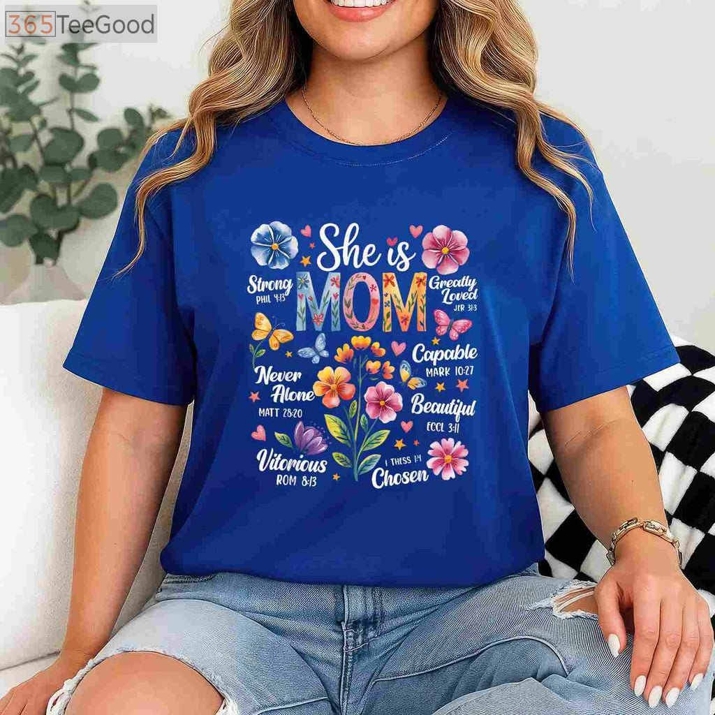 She Is Mom Bible Verse Christian Boho Floral Mother’s Day T-Shirt