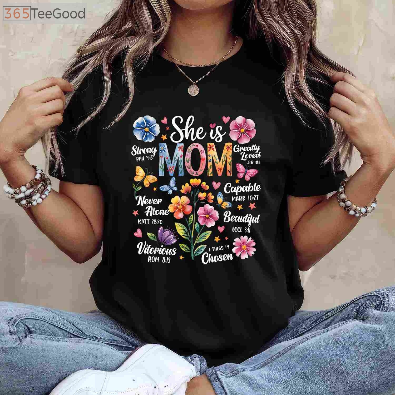 She Is Mom Bible Verse Christian Boho Floral Mother’s Day T-Shirt