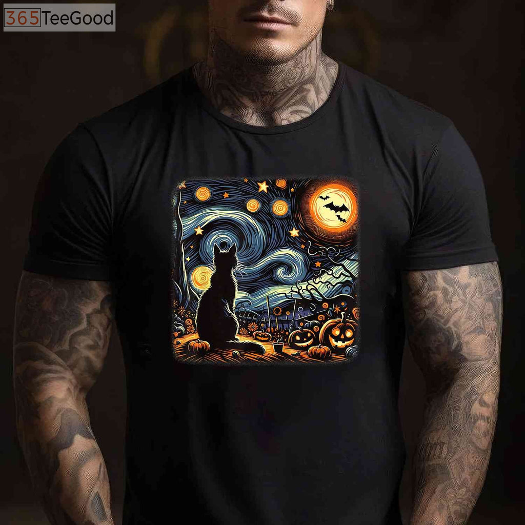 Starry Night Black Cat T-Shirt - Van Gogh Artistic Halloween Cat Lover Gift