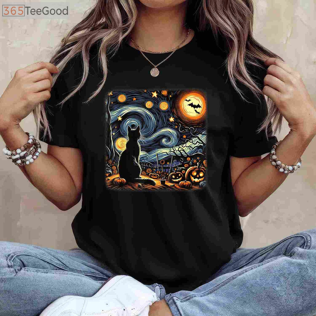 Starry Night Black Cat T-Shirt - Van Gogh Artistic Halloween Cat Lover Gift