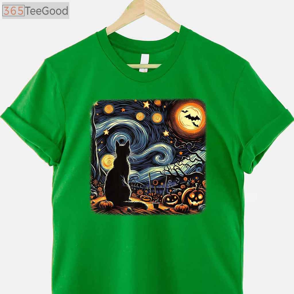 Starry Night Black Cat T-Shirt - Van Gogh Artistic Halloween Cat Lover Gift