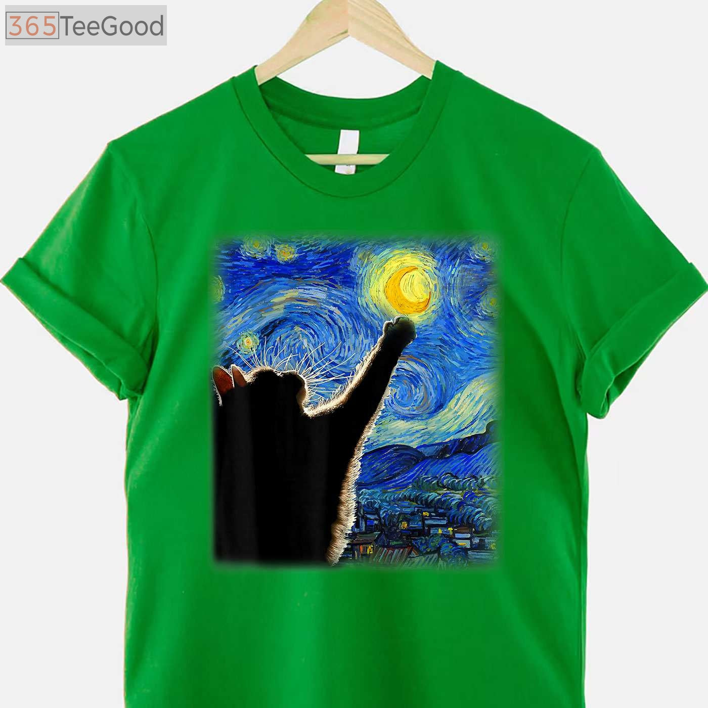 Starry Night Black Cat T-Shirt - Van Gogh Artistic Cat Lover Painting Gift